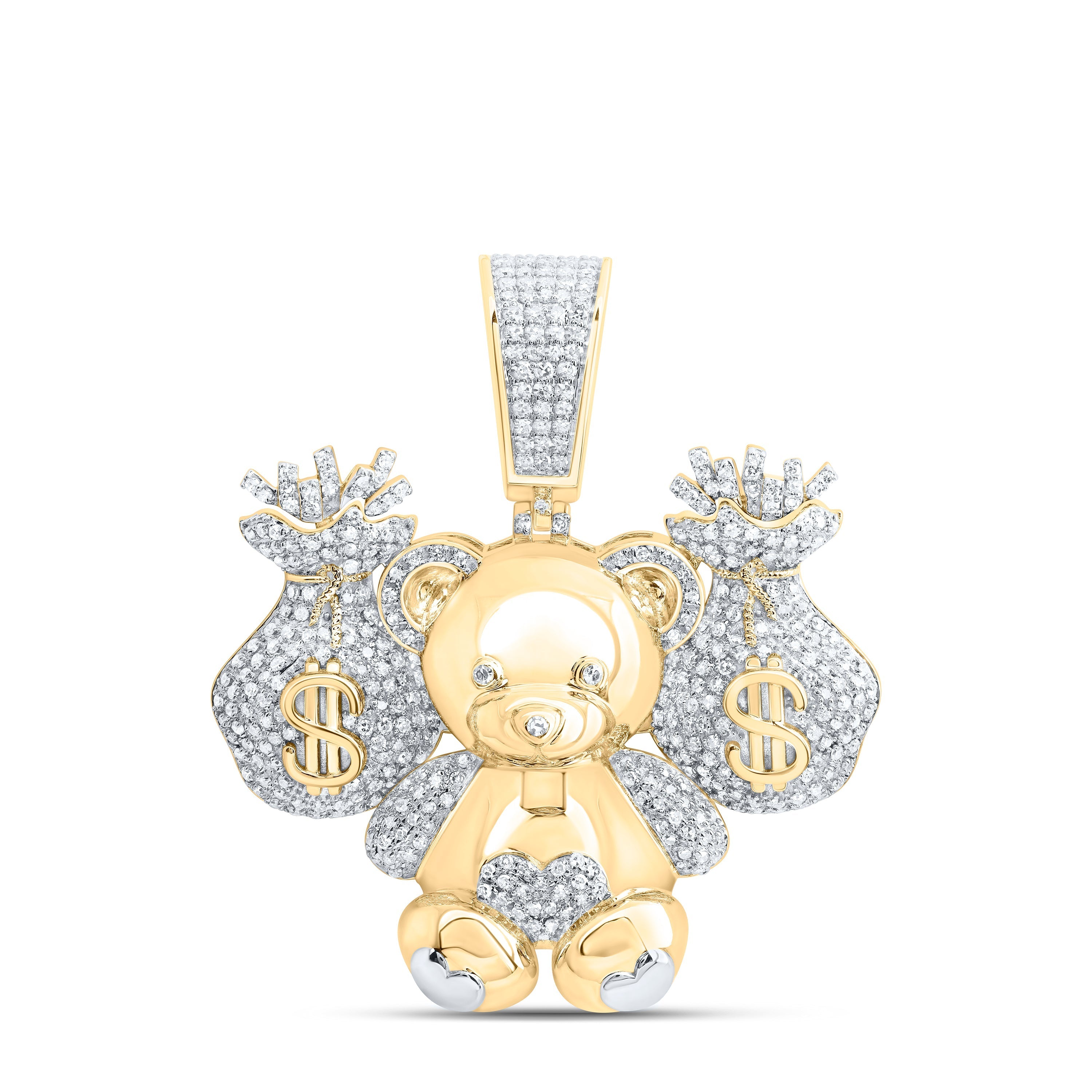 1 1/3CTW-NAT DIA NK TEDDY BEAR MONEY DOLLAR BAG MENS CHARM Daisy Joyeria